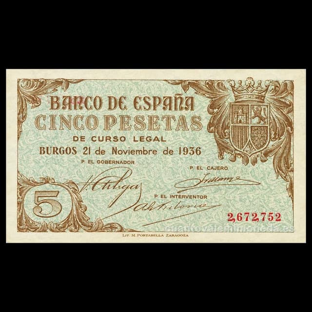 Imagen orientativa: Billete de 5 pesetas 1936 (Burgos)